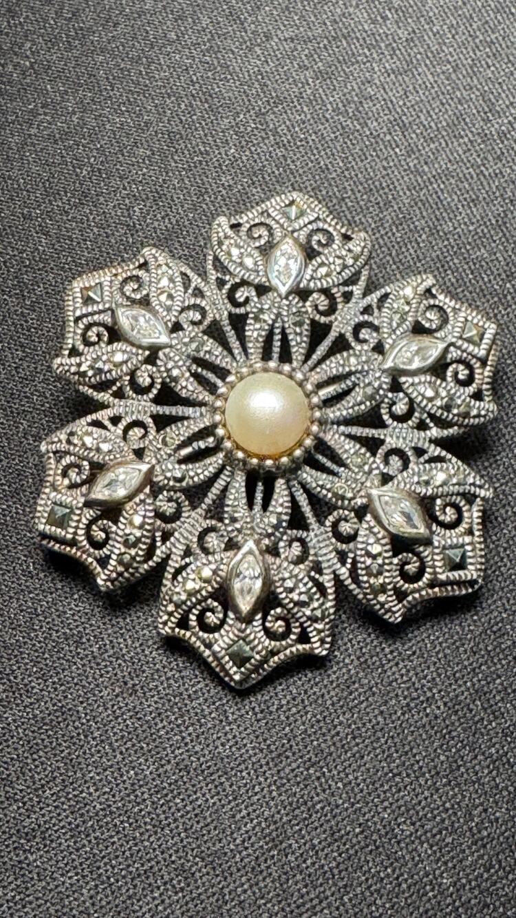 Vintage Opalite Garnet Turquoise Pearl Ornate Gold Tone Brooch